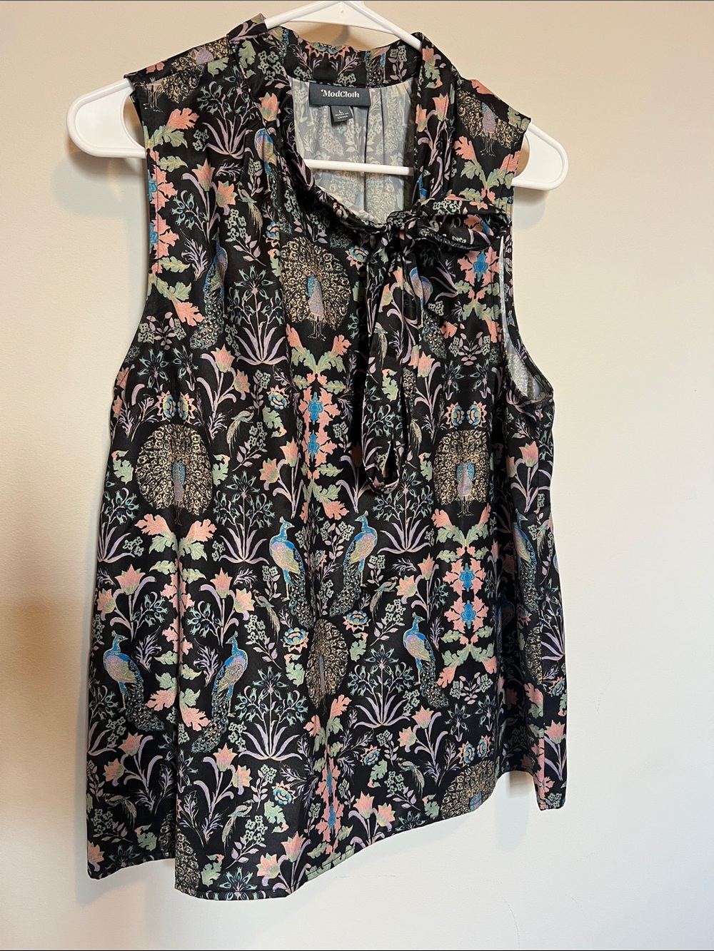 Modcloth Black Floral & Peacock Tie-Neck Sleeveless Top